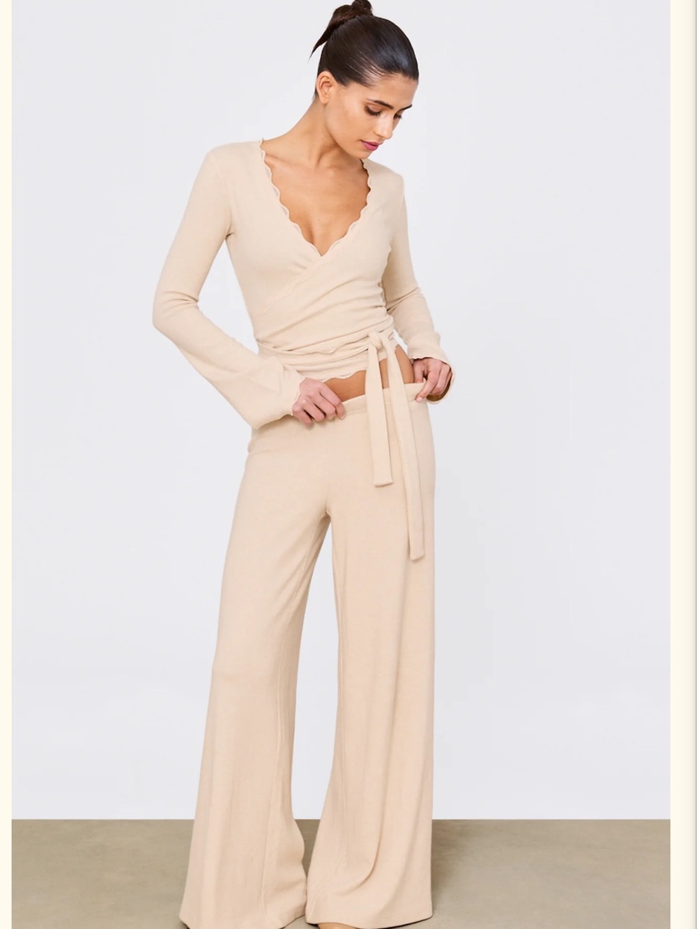 Wide-Leg Wrap Knit Pants Set in Beige - Women's Two-Piece